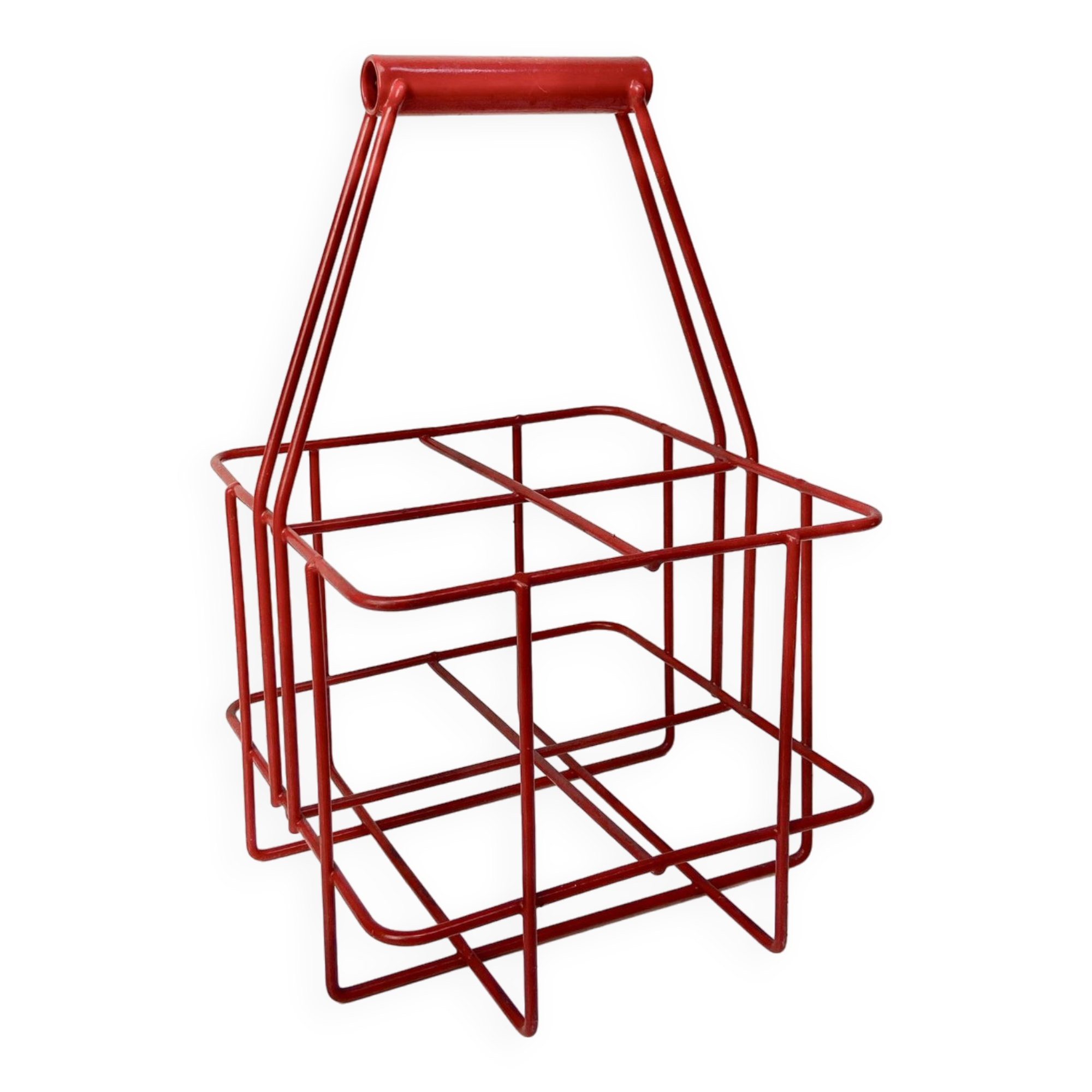 Metal bottle holder basket covered in bright red - caddy for 4 bottles