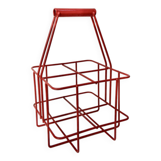 Metal bottle holder basket covered in bright red - caddy for 4 bottles