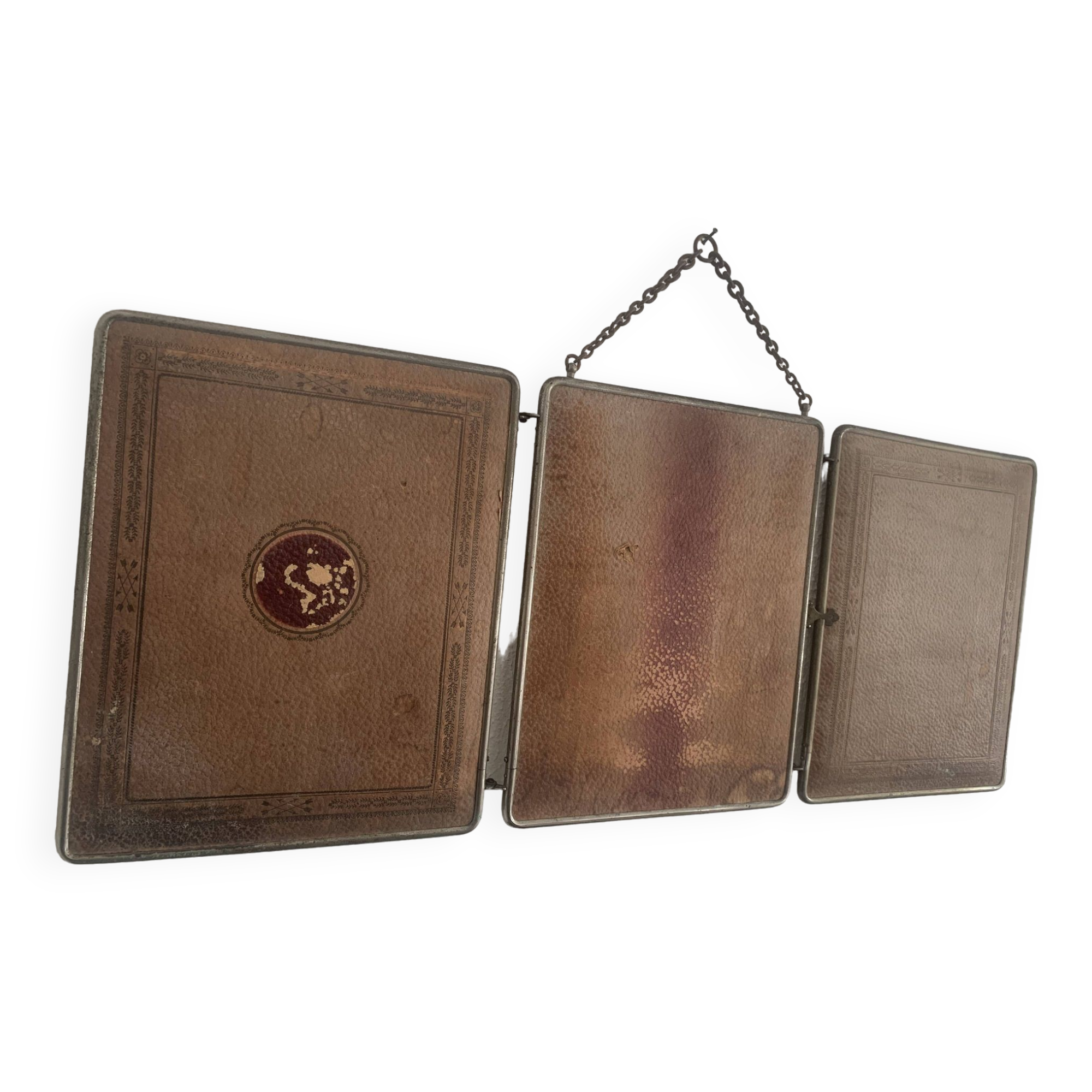 Vintage 1900 triptych mirror, old pink nickel-plated metal - 31 x 76 cm