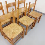 Suite of 6 vintage brutalist chairs in solid oak wood and straw from the 60s