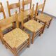 Suite of 6 vintage brutalist chairs in solid oak wood and straw from the 60s