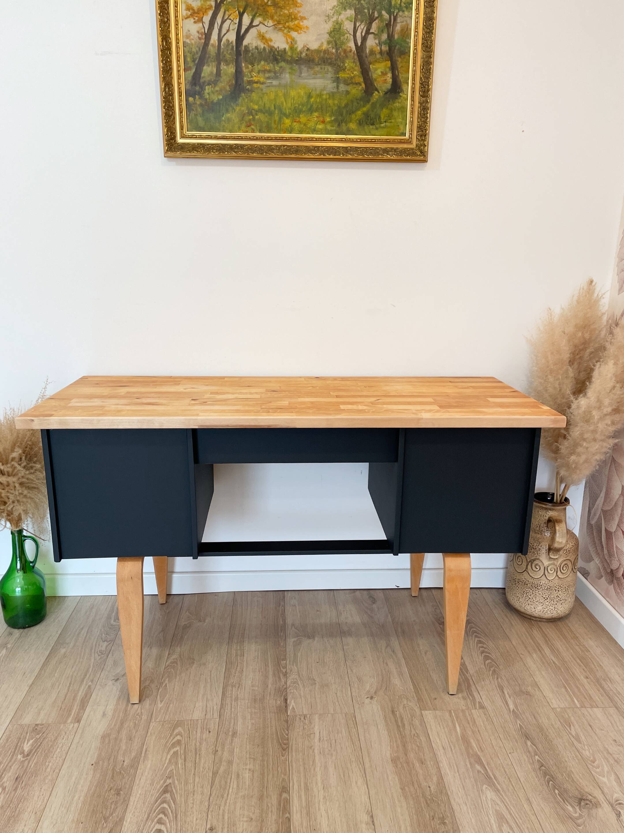 Vintage desk, Scandinavian style, Black lacquer and Beech
