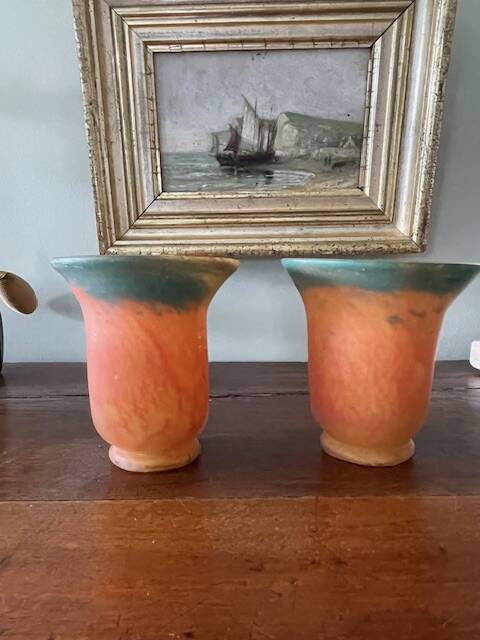 Set of 2 glass paste tulips, signed "art glass of France"