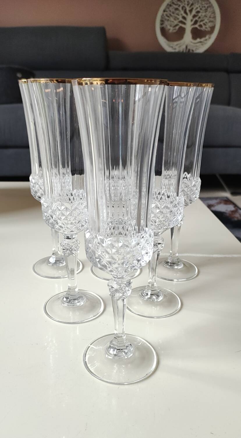 Lot of 6 x Champagne Flutes crystal/Valencay Gold/Crystal d'Arques