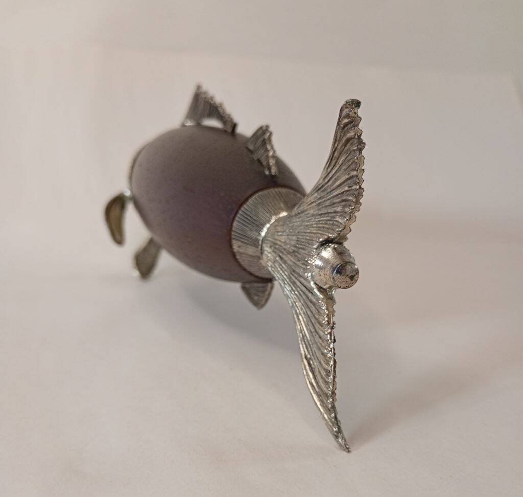 Italian Tre Spade Fish Shaped Rose Wood & Silverplate Pepper Mill or Grinde