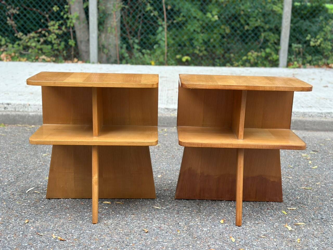 Asymmetrical Mid Century Modern bedside tables oak 1960
