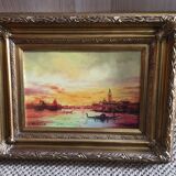 oil on canvas by C Rielland: Venice with gilded stuck frame