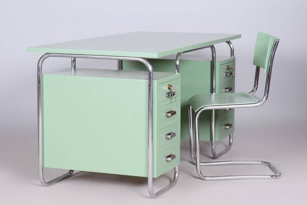 Bauhaus Writing Desk and Chair in Chrome-Plated Steel from Thonet, Czechia, 1930s, Set of 2