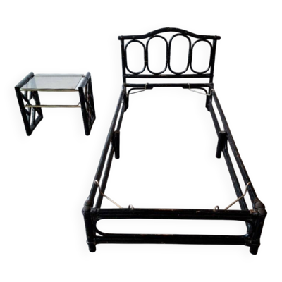 Ensemble lit et chevet en bambou & rotin, design italien, années 70