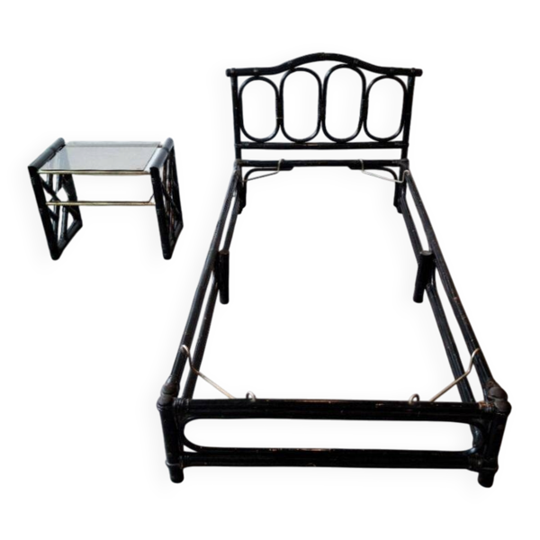 Ensemble lit et chevet en bambou & rotin, design italien, années 70