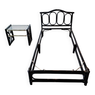 Bamboo and rattan bed and bedside table set, Italian design, 1970s.