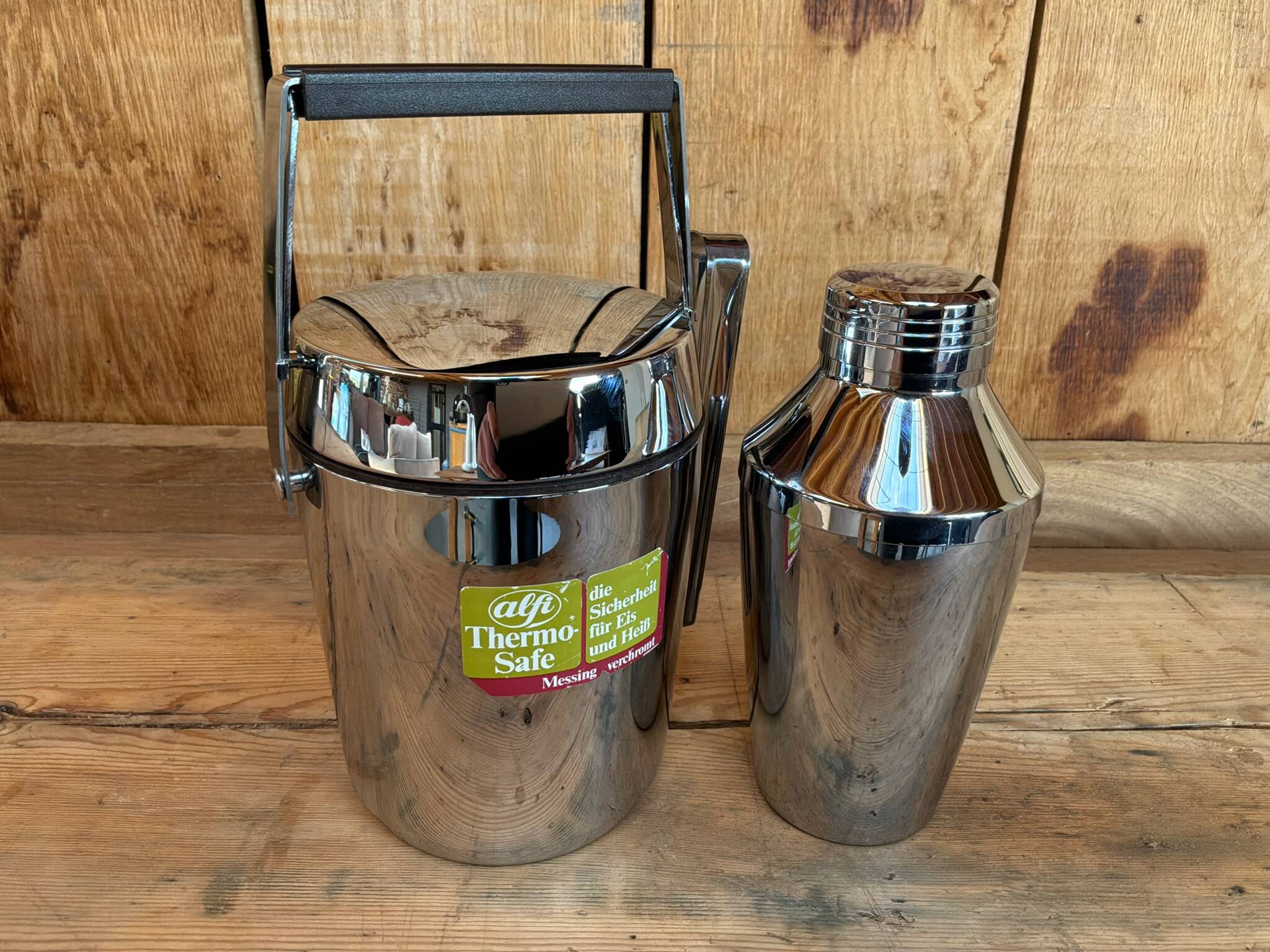 Vintage Alfi shaker set and insulated chrome ice bucket.