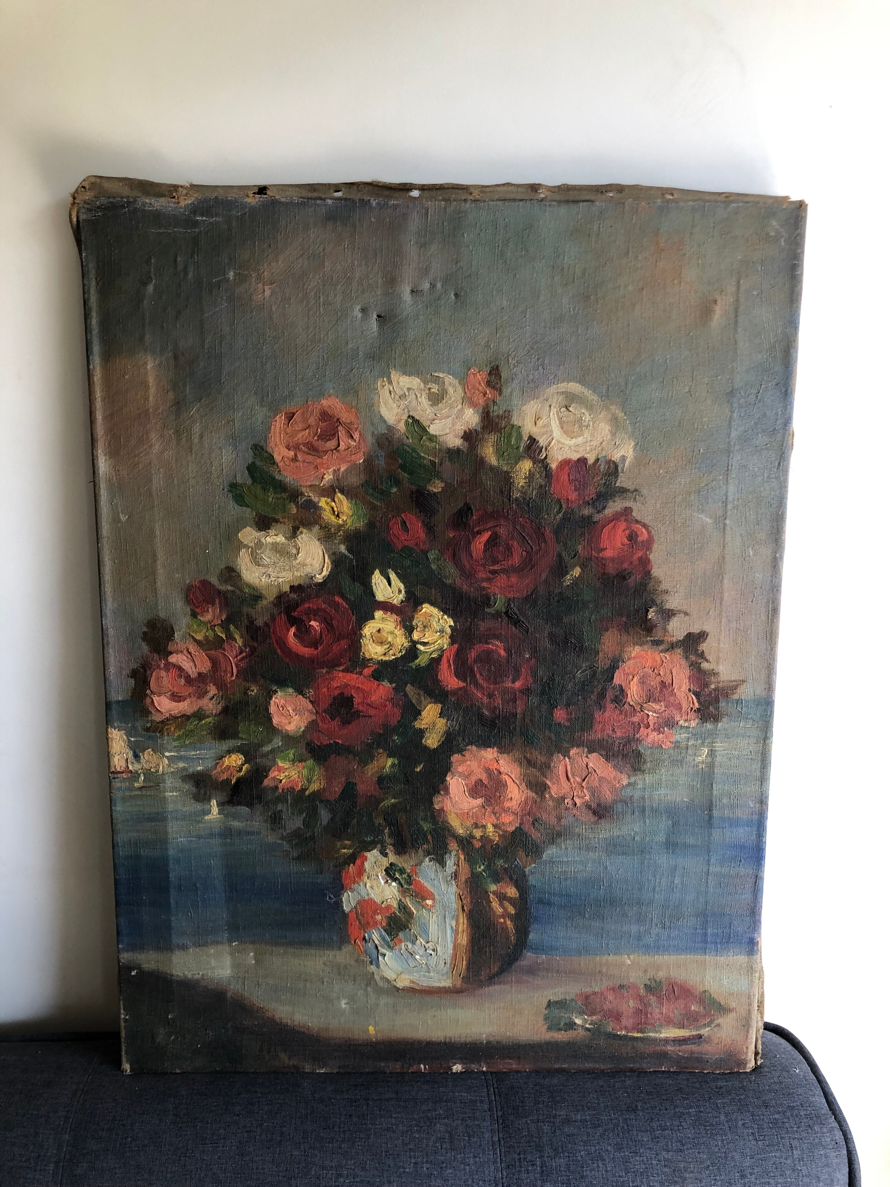 Oil on canvas ancient Bouquet of flowers