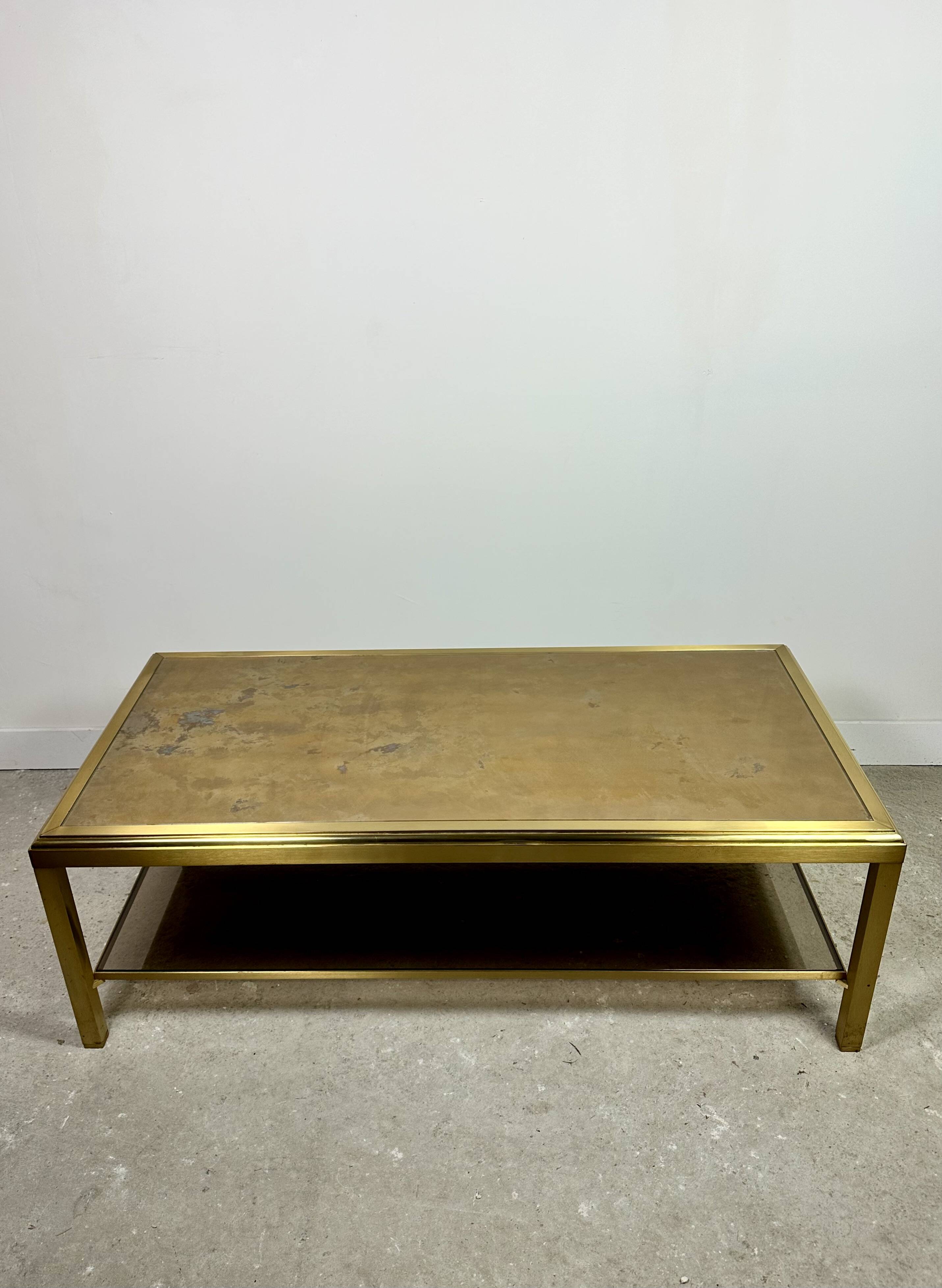 Vintage 70'S Hollywood Regency Brass and Iridescent Glass Coffee Table