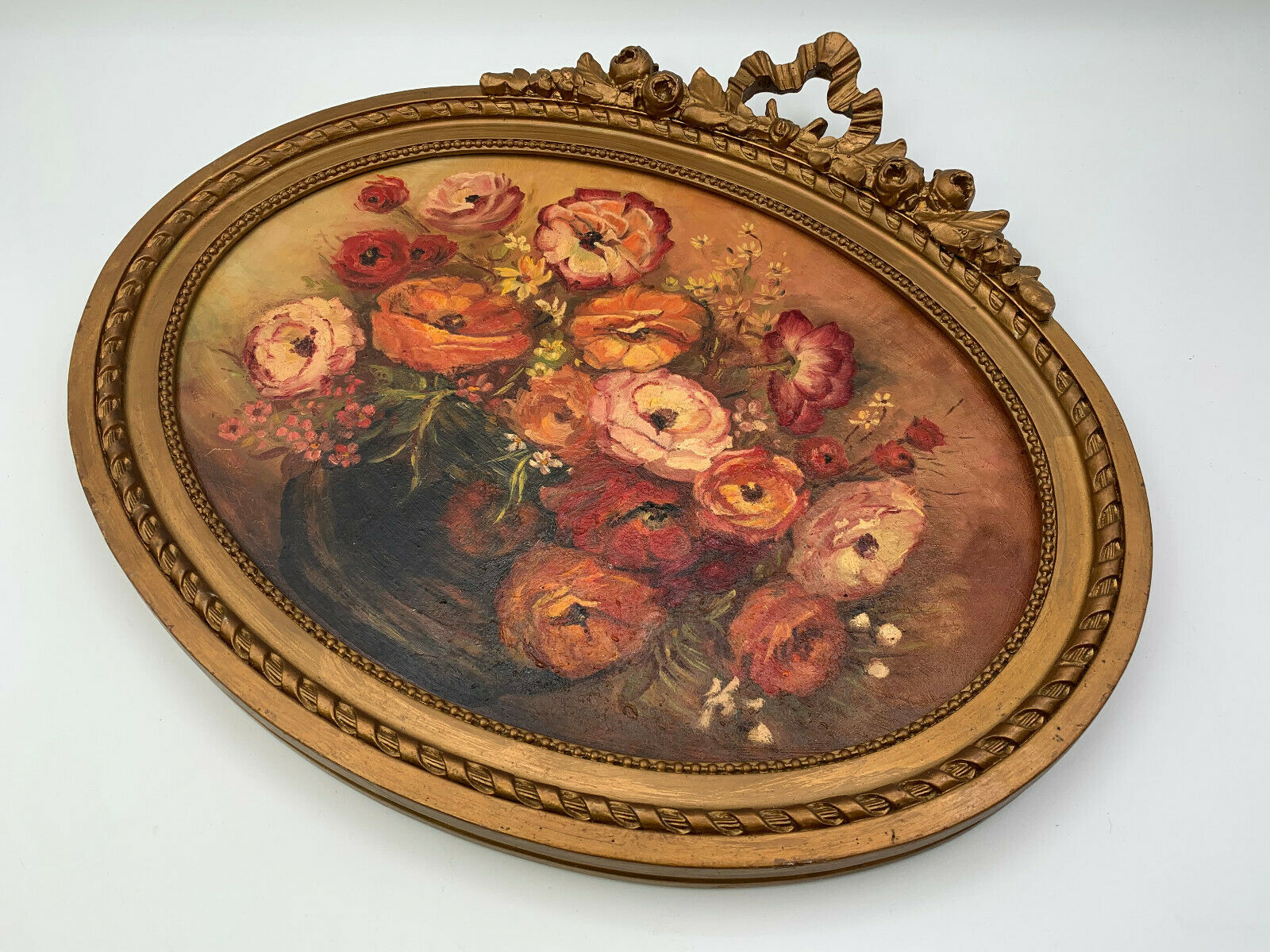 Huile sur panneau bouquet de fleurs 1930 nature morte cadre stuc