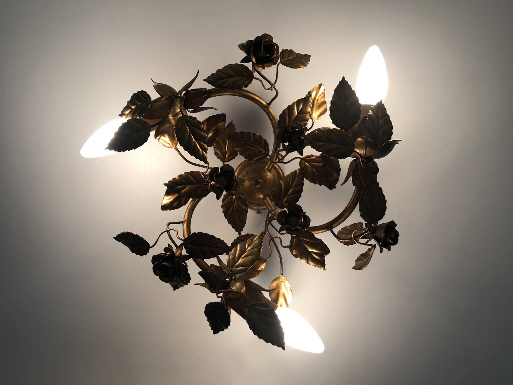 Pair of 3-light gold leaf and flower wall lights, Italy, 1970s-80s