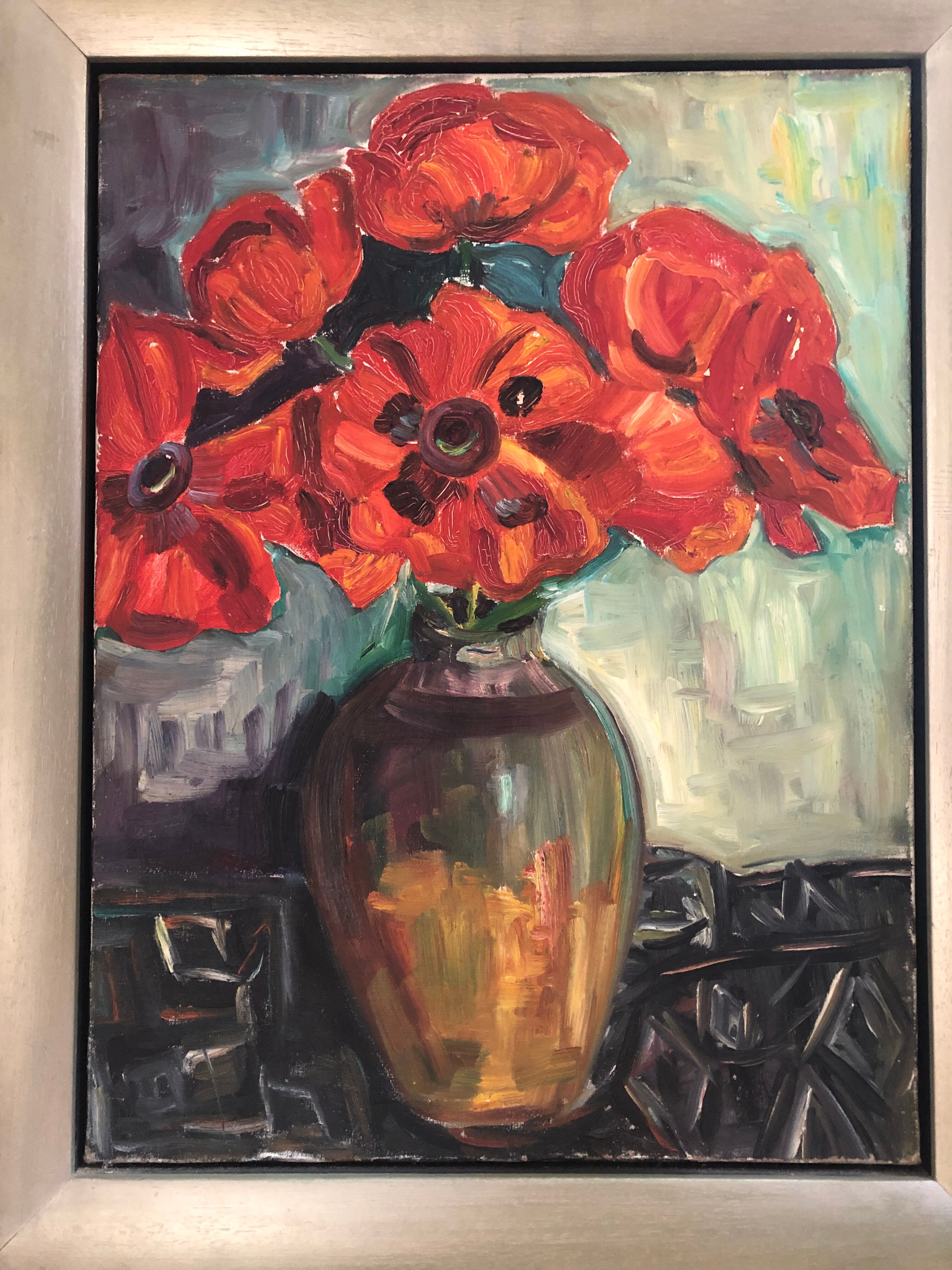 Old oil painting on canvas bouquet of flowers + vintage gray wood frame