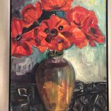 Ancien tableau huile sur toile bouquet de fleurs + cadre bois gris vintage