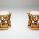 Carved gilded wooden side tables with marble tray - 1970