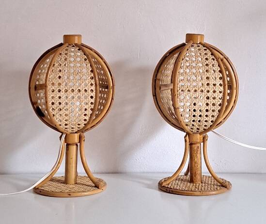 Pair of cane and bamboo lamps