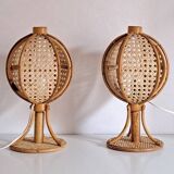 Pair of cane and bamboo lamps