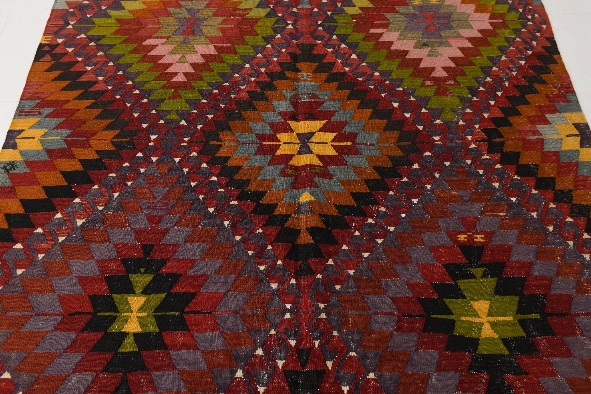 Geometric Pattern Burgundy  Turkish Vintage Kilim Rug, 188x338 Cm