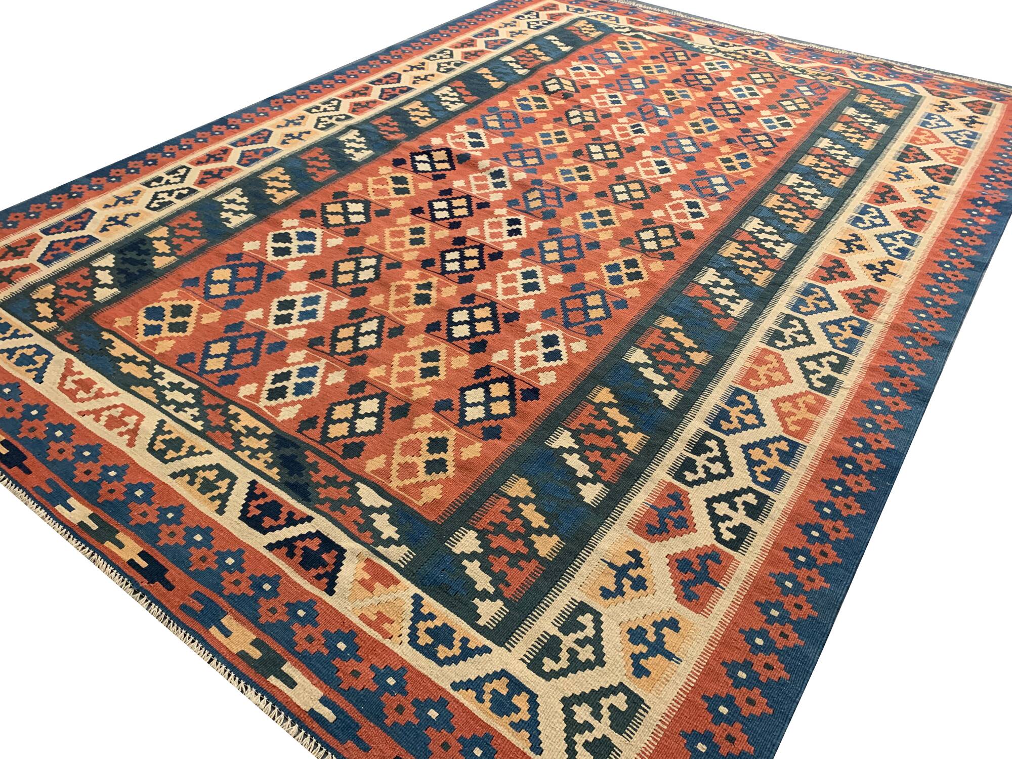 Grand tapis Kilim vintage, en laine turque tissée à plat, motif géométrique, 296 x 212 cm