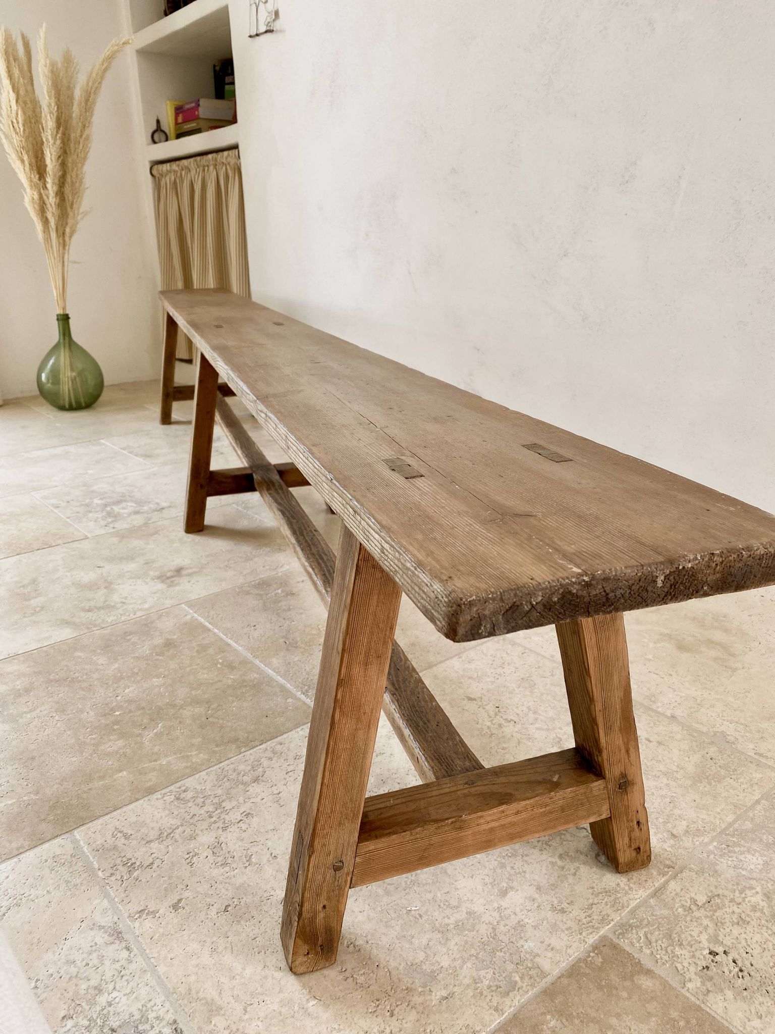 Large antique farmhouse bench 252 cm raw wood patinated