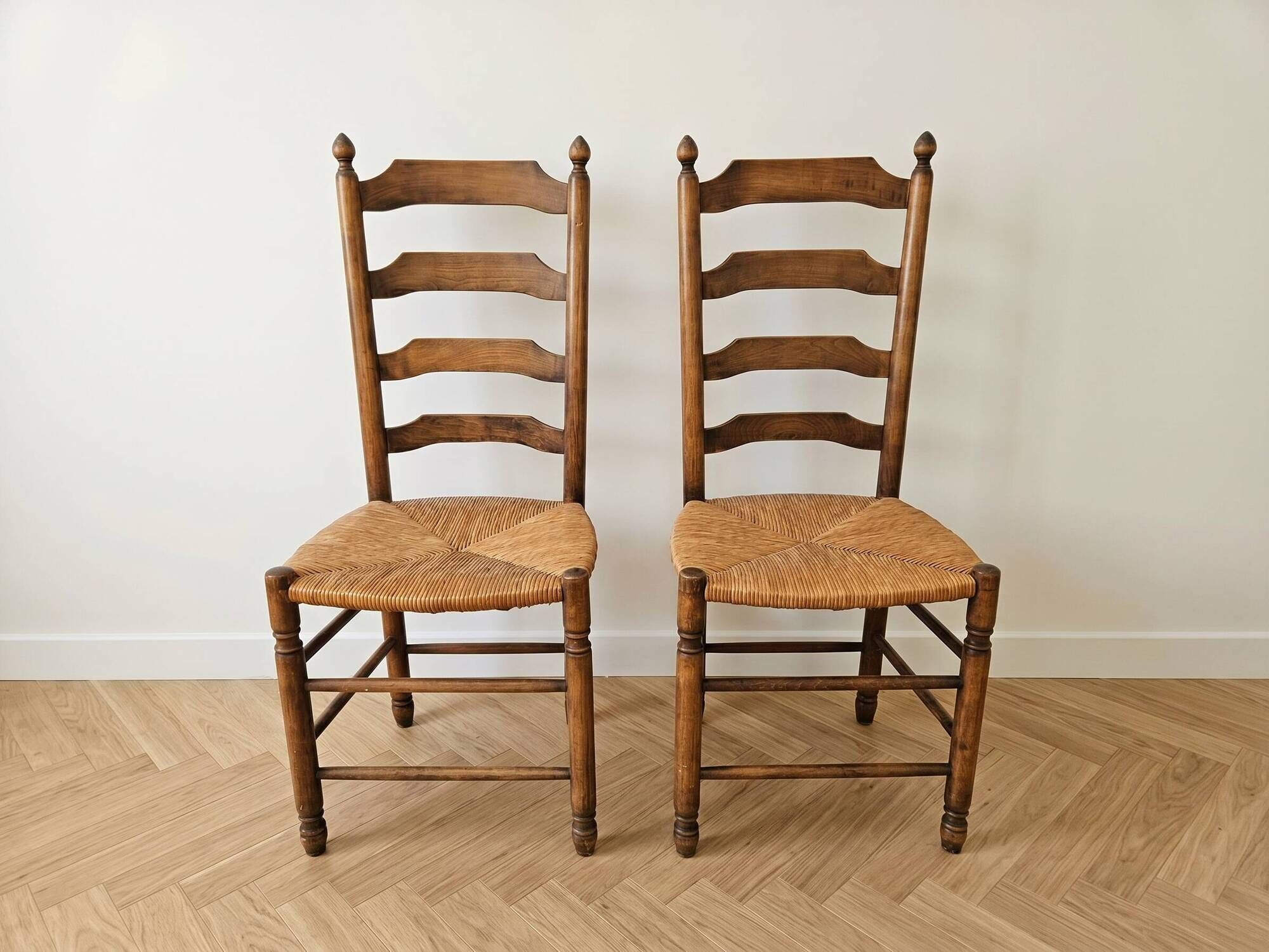 Set of 6 antique cherry wood chairs in ladder style.