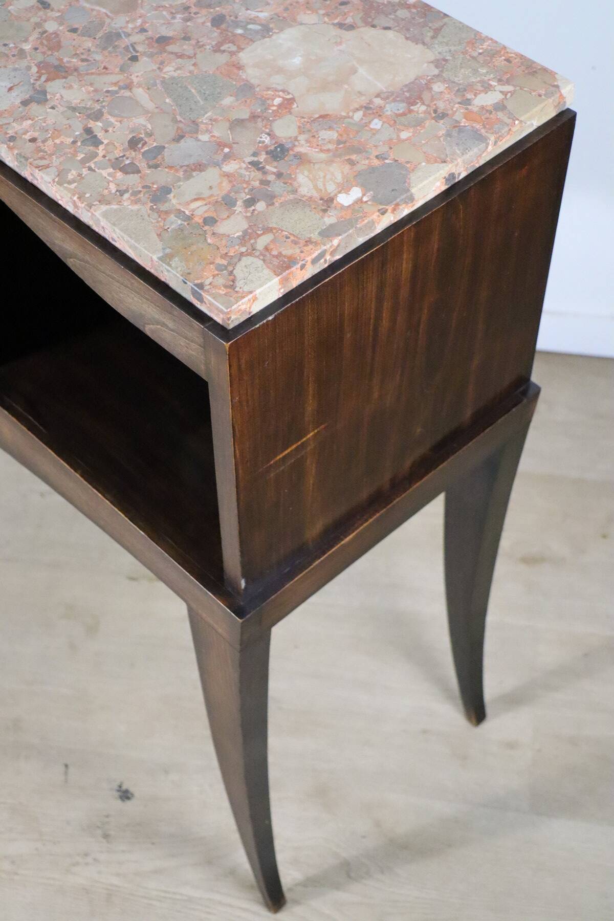 Vintage wooden and marble console table – classic style curved legs, 1950s