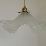 Vintage French Art Deco White Opaque Glass Pendant Light Clear Frilled Edge