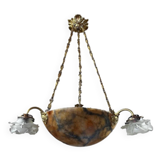 Art Nouveau Alabaster Chandelier 3 Pink Tulips