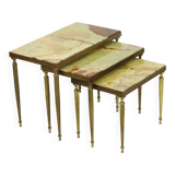 Set of 3 Nesting Tables Onyx Marble Copper Frame 1950s France