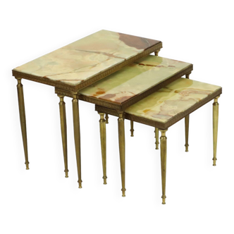 Lot de 3 tables gigognes onyx marbre cadre cuivre années 50 france