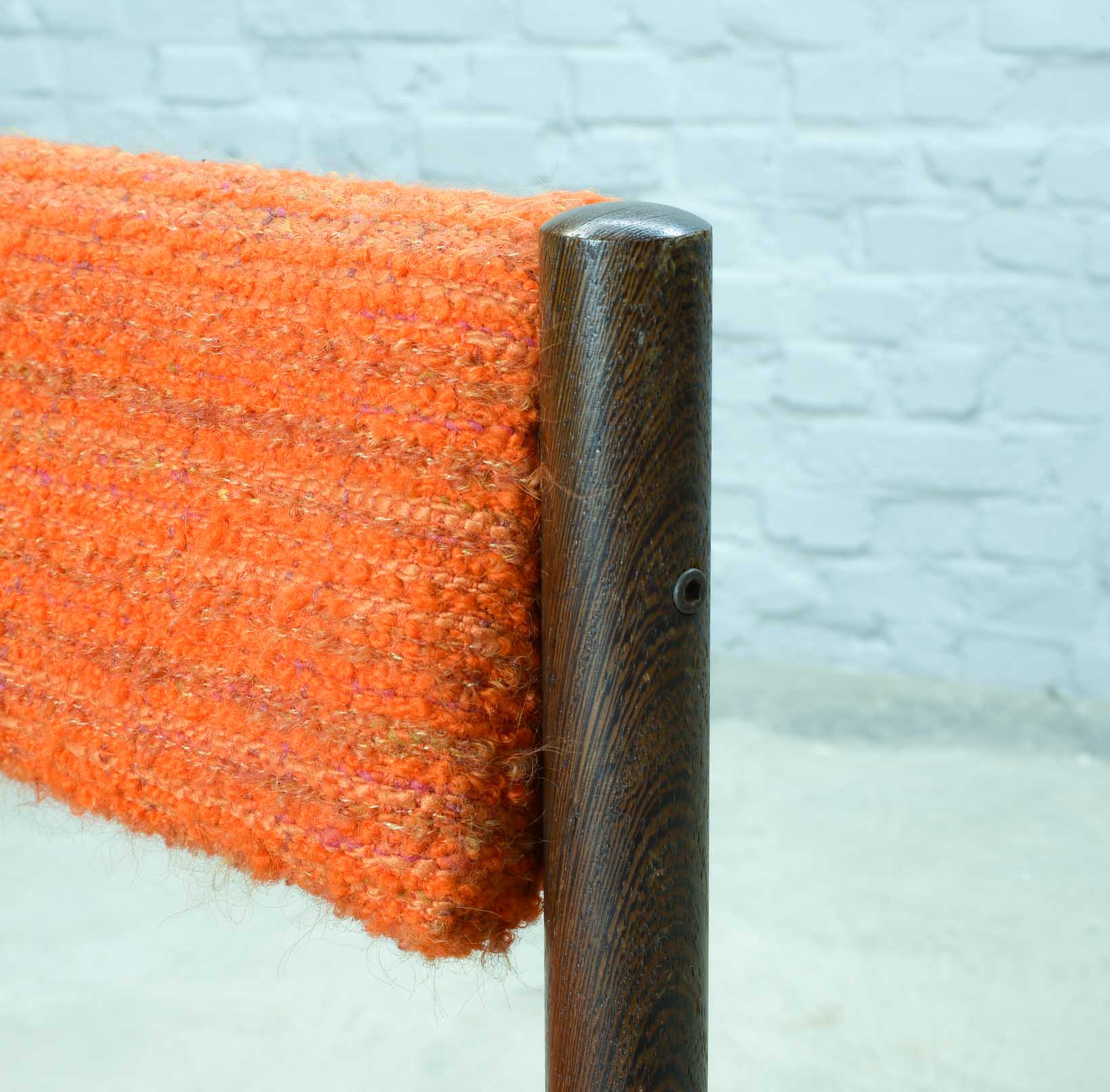 4 Wengé Wooden Dining Chairs with Orange Bouclé Fabric Upholstery 1960s