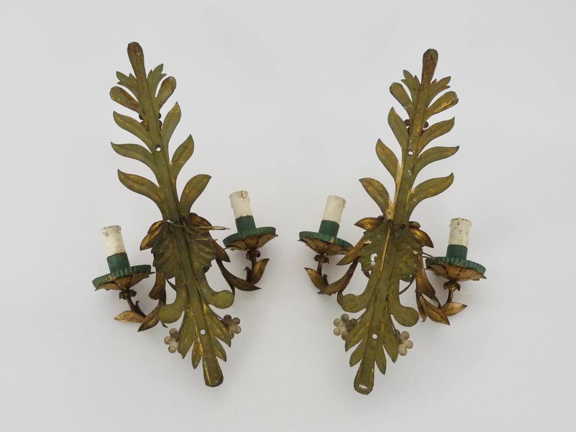 Pair of gold metal wall lights with turquoise glass inlay. 70