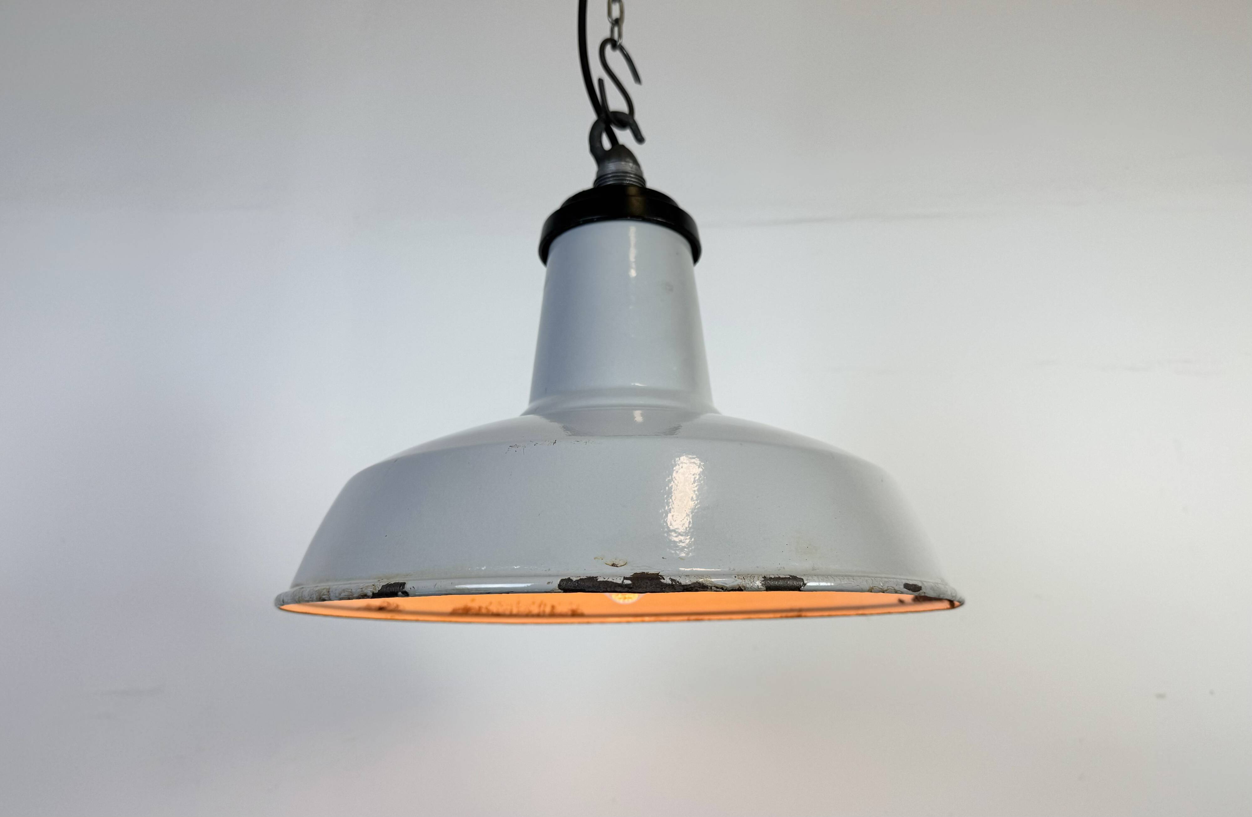 Industrial Grey Enamel Factory Pendant Lamp, 1960s