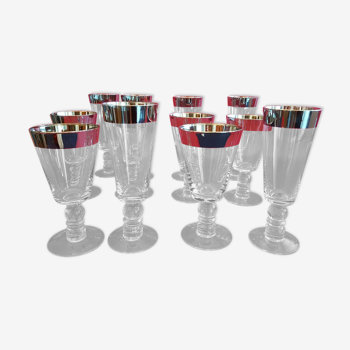 Service 12 glasses foot bubble blown glass décor silver edges vintage design