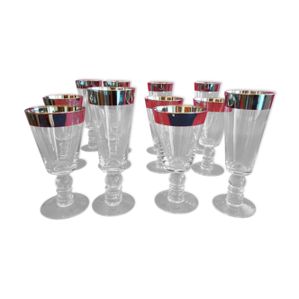 Service 12 glasses foot bubble blown glass décor silver edges vintage design