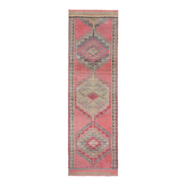 Vintage Turkish Hand-Knotted Wool Cotton Pink Runner Rug 98x330