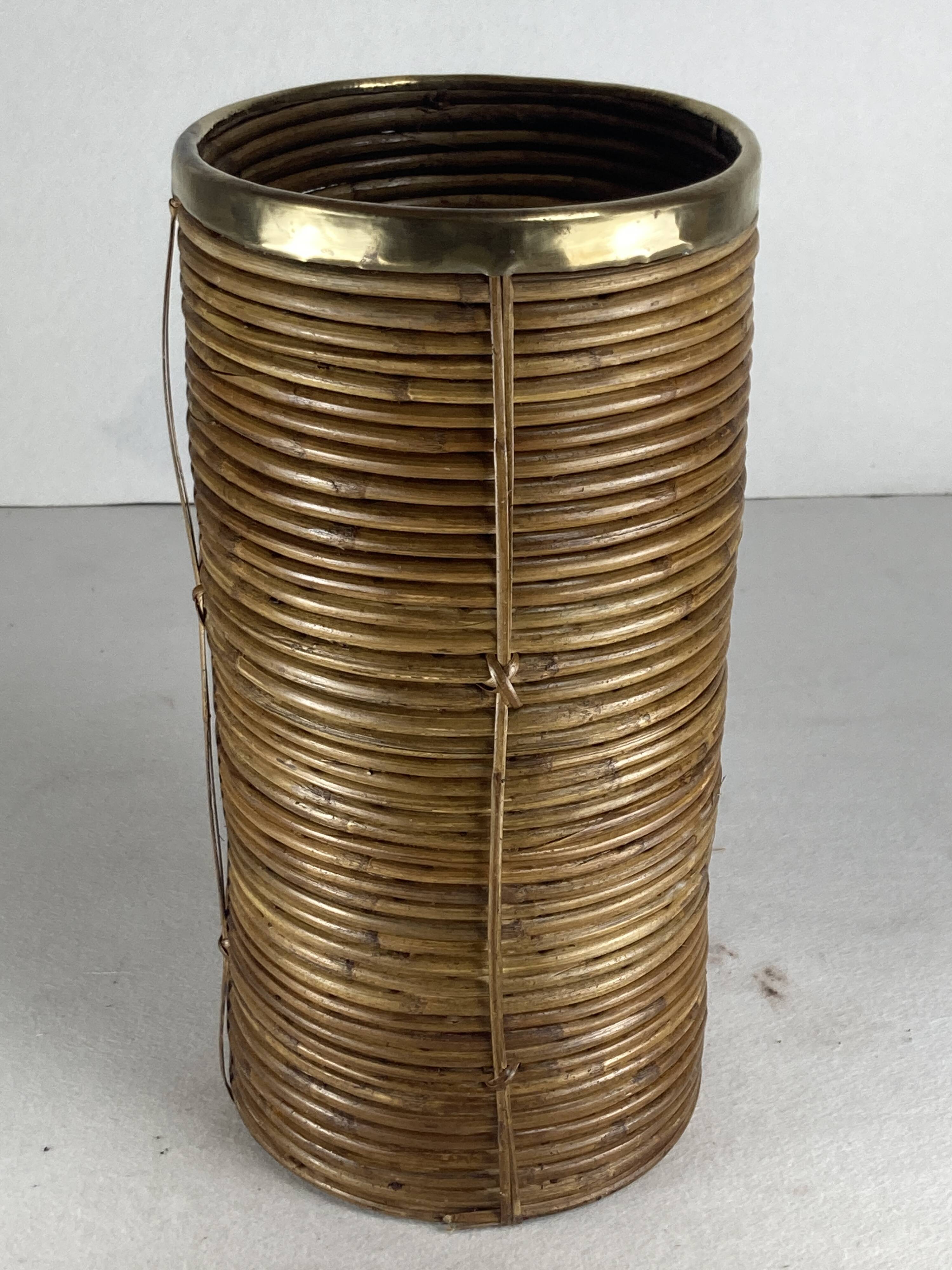 Pencil reed rattan and brass umbrella stand. or basket, Italy