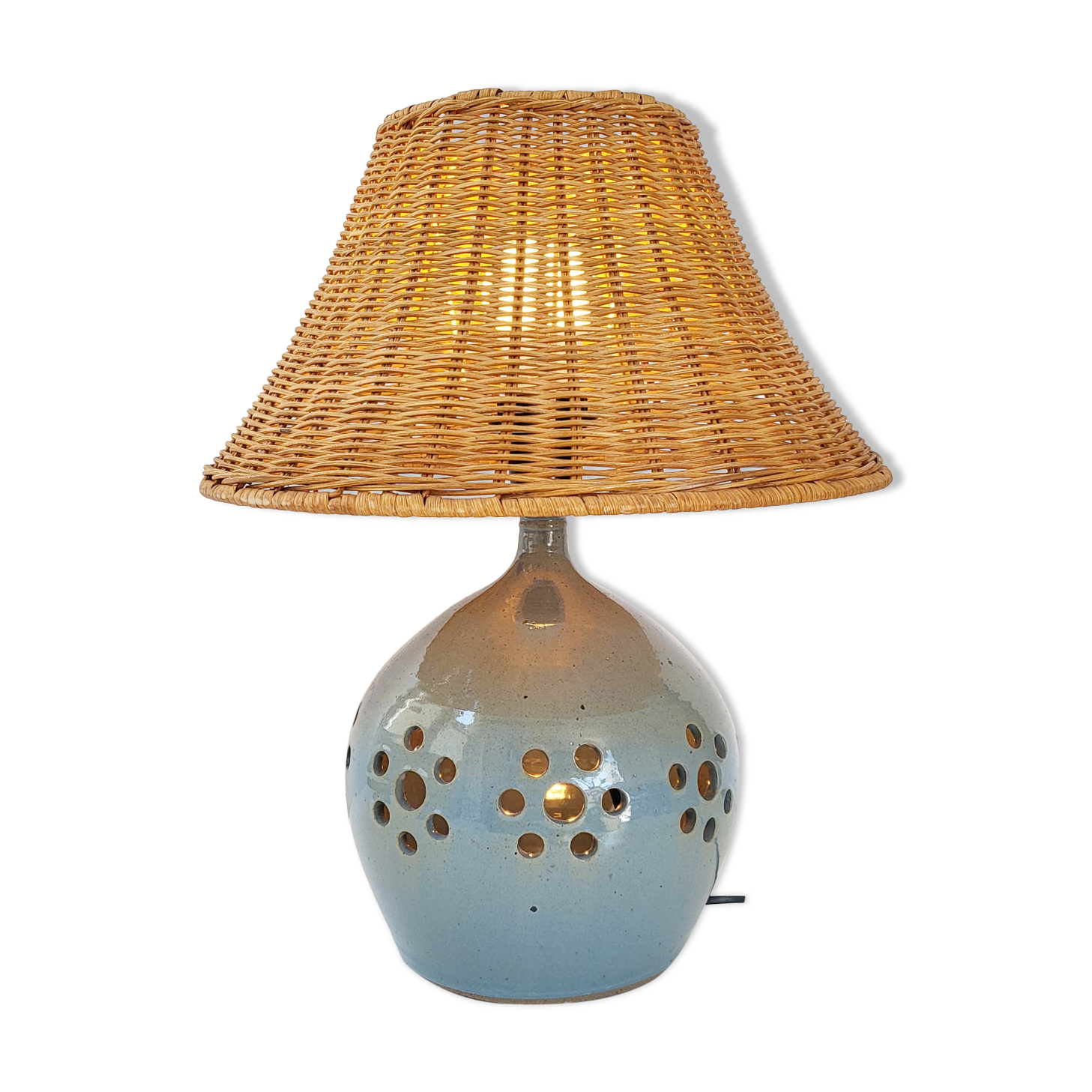 Vintage lamp in stoneware & rattan 1970