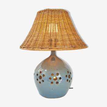 Vintage lamp in stoneware & rattan 1970