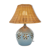 Vintage lamp in stoneware & rattan 1970