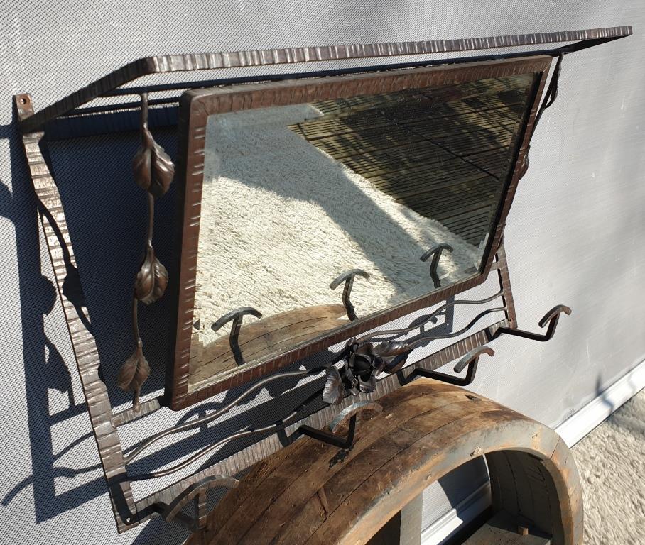 Wall coat rack Art Deco 1930 wrought iron 4 hooks and beveled mirror