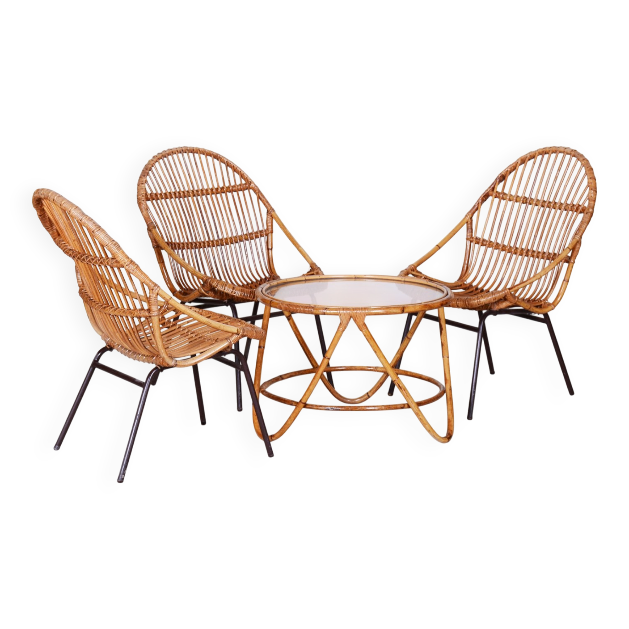 Art Deco Seating Set in Rattan & Steel attributed to Alan Fuchs, 1940s, Set of 4