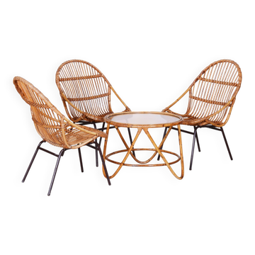 3 fauteuils et table basse Art Déco en rotin et acier attribués à Alan Fuchs, années 1940