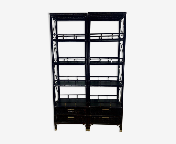 Two bookcases in rattan and braiding dark brown leather italian design 1970