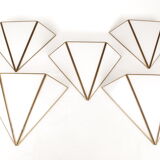Mid century ice glass and brass triangle sconces,  set of five 1970's pyramid sconces