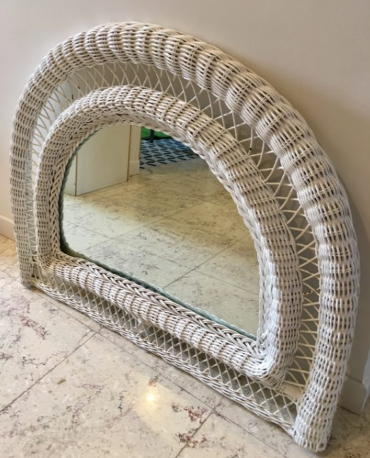 Vintage rattan mirror half moon white